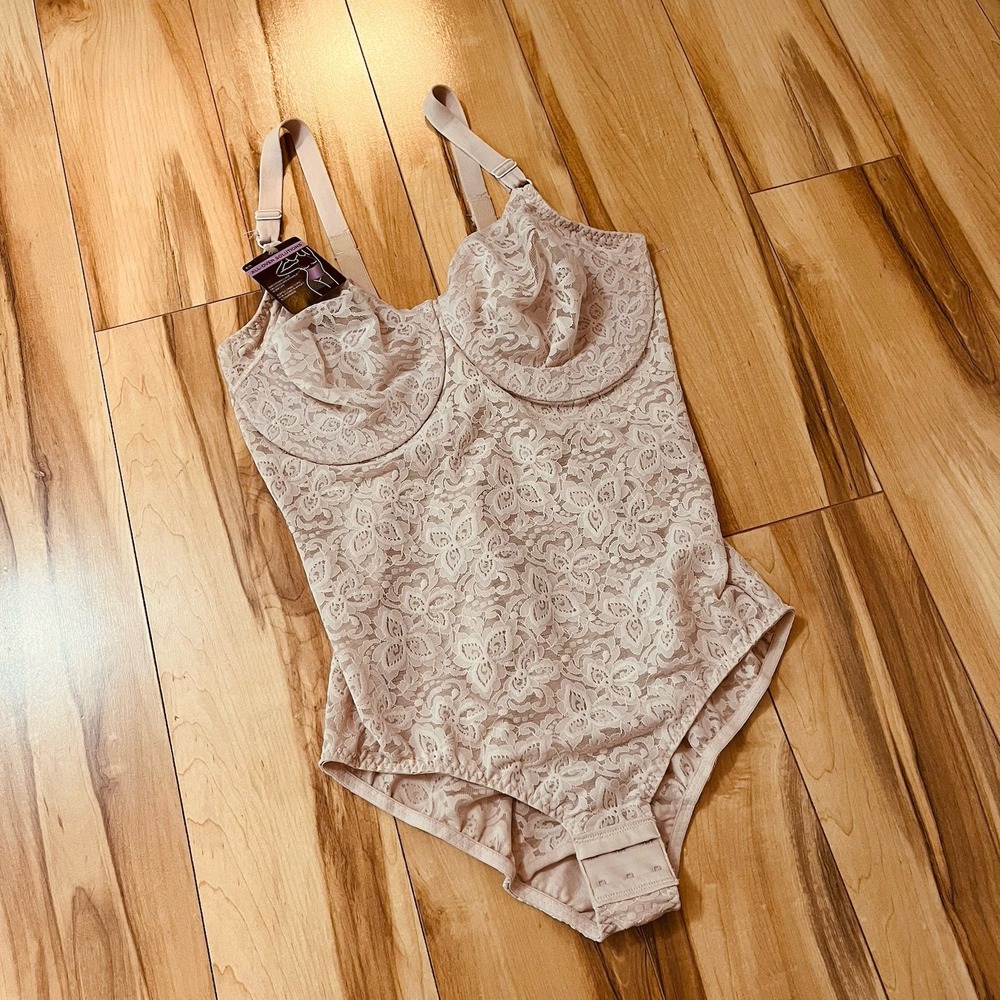 Maidenform Beige 40D Lace Body Briefer Built In Bra Underwire Body Shaper NWT